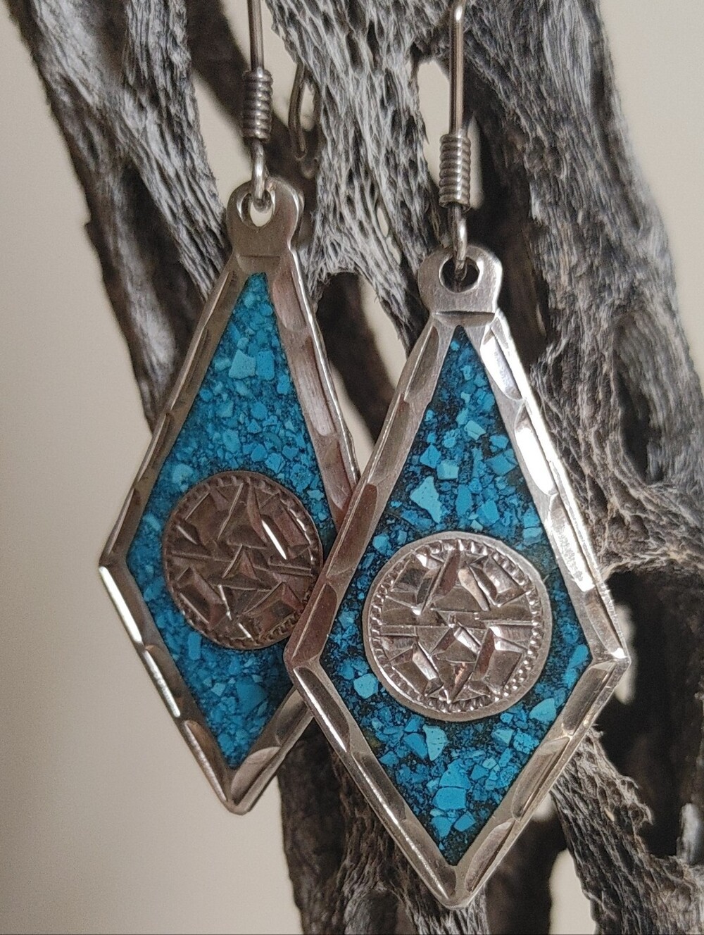 Turquoise Inlay Diamond Drop Sterling Aztec-y Design from Mexico